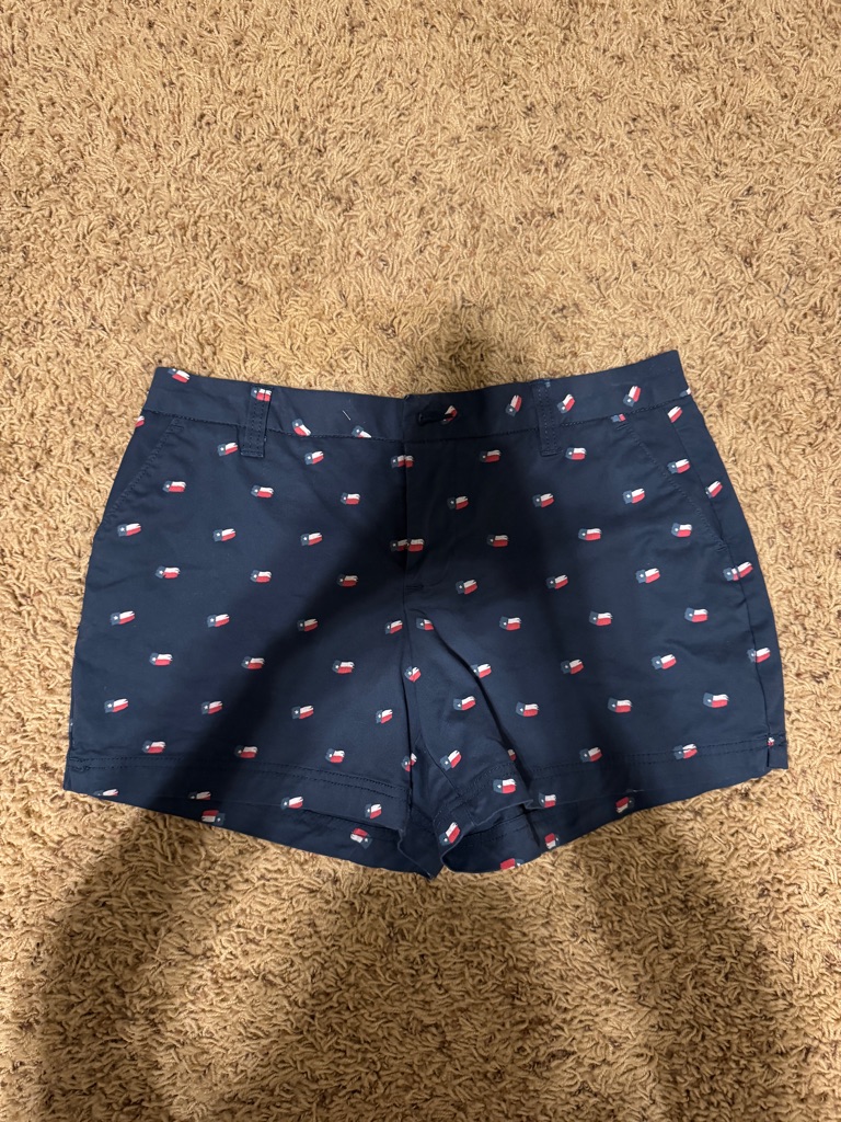 Magellan Outdoors Navy Bermuda Shorts With Red And White Flag Embroidery